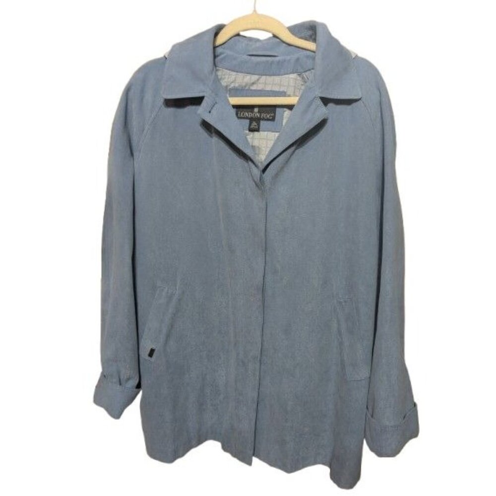 London Fog Women's Blue Coat XL Faux Suede Detachable Hood Lightweight Button Up
